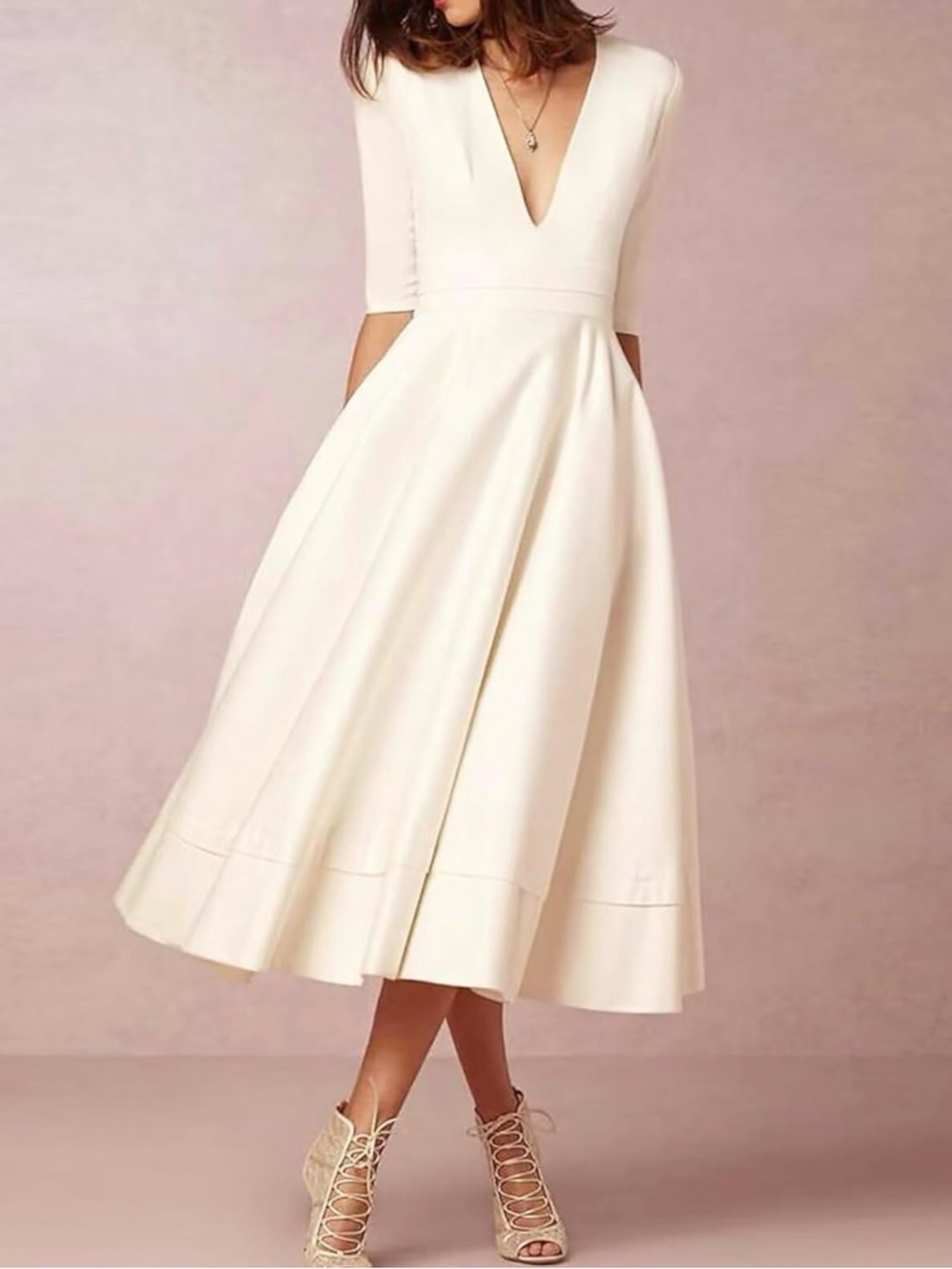 Elegant Ivory V-Neck Midi Dress